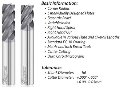 8mm Diameter x 8mm Shank x 27mm LOC x 76mm OAL 5 Flute FC20 Solid Carbide Radius End Mill Fullerton Tool 37805